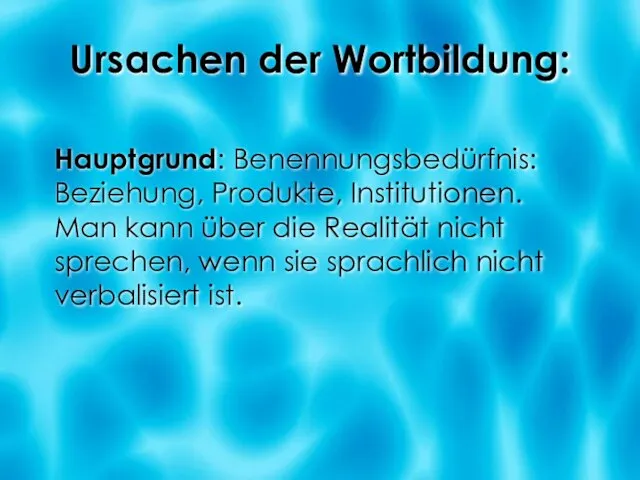 Ursachen der Wortbildung: Hauptgrund: Benennungsbedürfnis: Beziehung, Produkte, Institutionen. Man kann über die