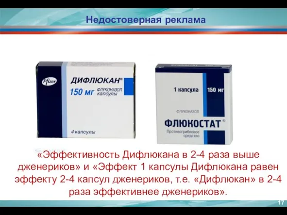 Недостоверная реклама «Эффективность Дифлюкана в 2-4 раза выше дженериков» и «Эффект 1