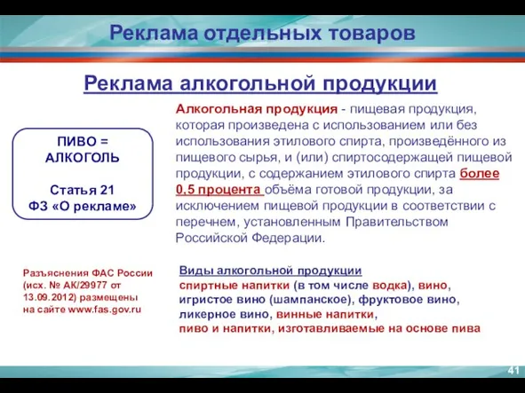 Реклама отдельных товаров ПИВО = АЛКОГОЛЬ Статья 21 ФЗ «О рекламе» Разъяснения