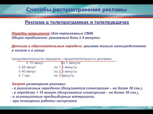 Способы распространения рекламы Реклама в телепрограммах и телепередачах Порядок прерывания (для нерекламных