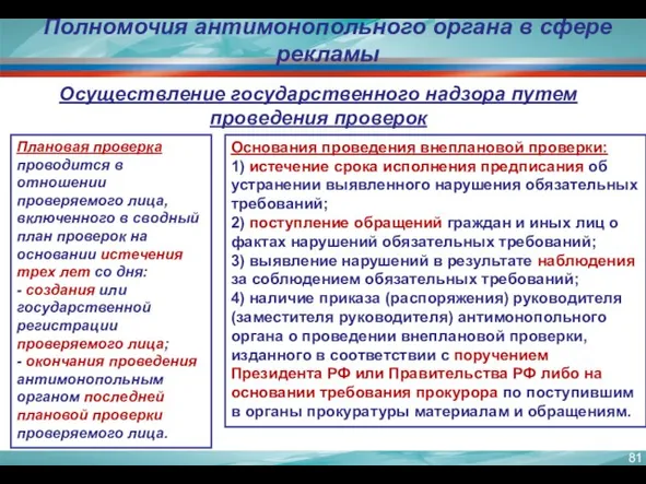 Полномочия антимонопольного органа в сфере рекламы Осуществление государственного надзора путем проведения проверок