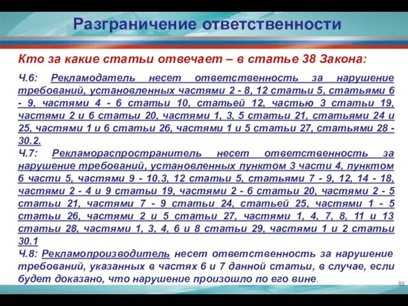 Кто за какие статьи отвечает – в статье 38 Закона: Ч.6: Рекламодатель