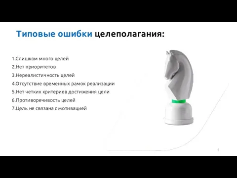 Типовые ошибки целеполагания: 1.Слишком много целей 2.Нет приоритетов 3.Нереалистичность целей 4.Отсутствие временных