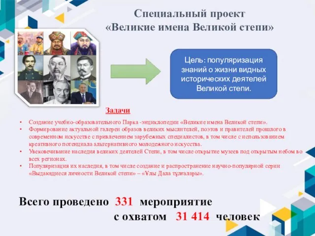 Специальный проект «Великие имена Великой степи» Цель: популяризация знаний о жизни видных