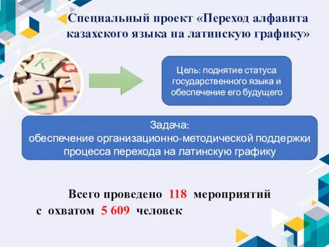 Специальный проект «Переход алфавита казахского языка на латинскую графику» Цель: поднятие статуса
