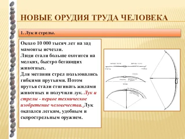 НОВЫЕ ОРУДИЯ ТРУДА ЧЕЛОВЕКА 1. Лук и стрелы. Около 10 000 тысяч