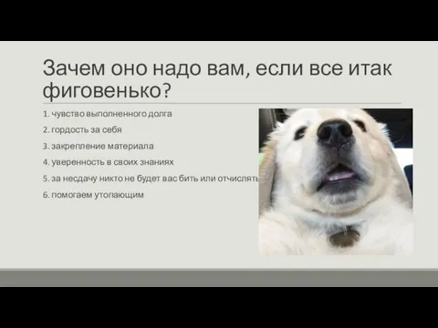 Зачем оно надо вам, если все итак фиговенько? 1. чувство выполненного долга