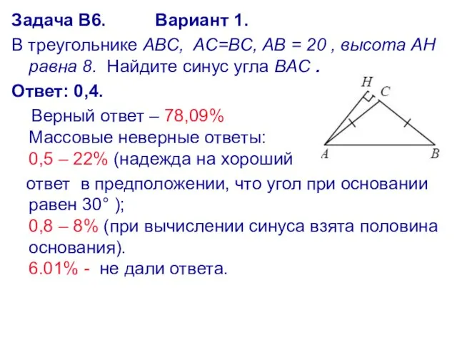 Задача В6. Вариант 1. В треугольнике ABC, AC=BC, AB = 20 ,