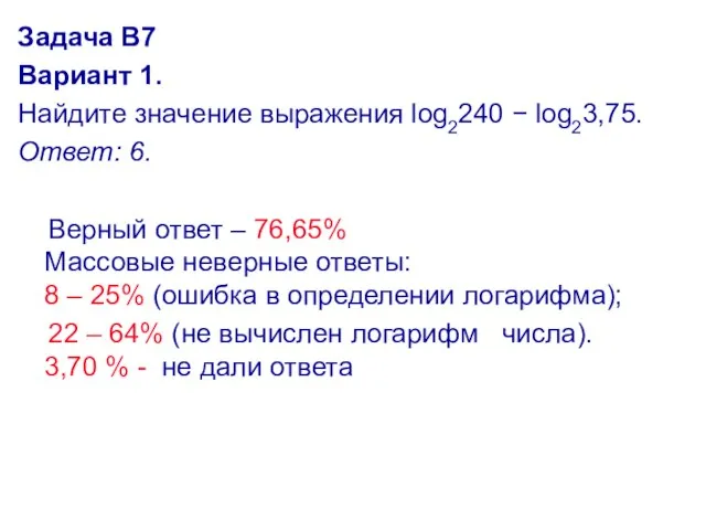 Задача В7 Вариант 1. Найдите значение выражения log2240 − log23,75. Ответ: 6.