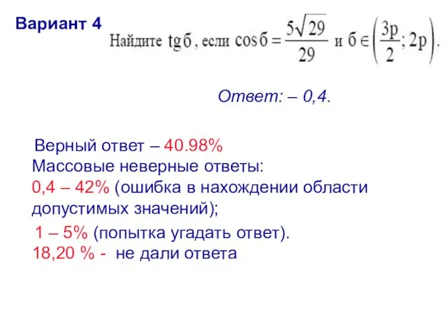 Вариант 4. Ответ: – 0,4. Верный ответ – 40.98% Массовые неверные ответы: