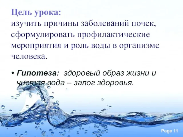 Цель урока: изучить причины заболеваний почек, сформулировать профилактические мероприятия и роль воды