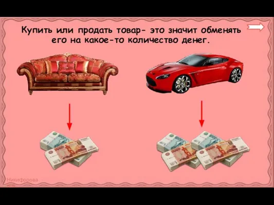 Купить или продать товар- это значит обменять его на какое-то количество денег.