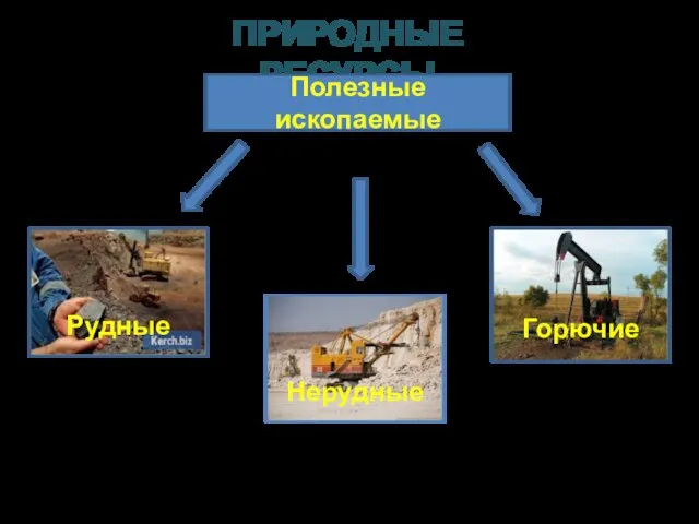 ПРИРОДНЫЕ РЕСУРСЫ Нерудные Рудные Горючие Полезные ископаемые Железные руды Известняки, соли, гипс,