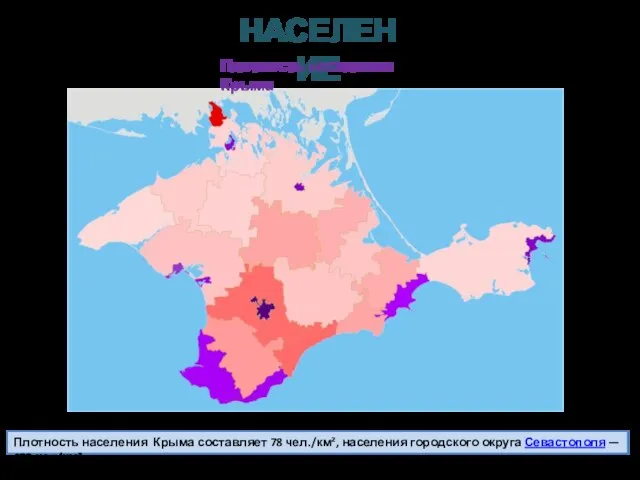 Плотность населения Крыма составляет 78 чел./км², населения городского округа Севастополя — 439