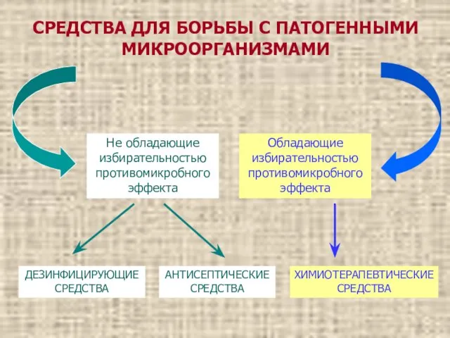 СРЕДСТВА ДЛЯ БОРЬБЫ С ПАТОГЕННЫМИ МИКРООРГАНИЗМАМИ ДЕЗИНФИЦИРУЮЩИЕ СРЕДСТВА Обладающие избирательностью противомикробного эффекта