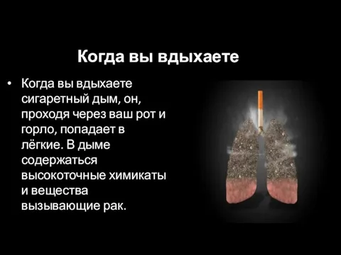 Когда вы вдыхаете Когда вы вдыхаете сигаретный дым, он, проходя через ваш