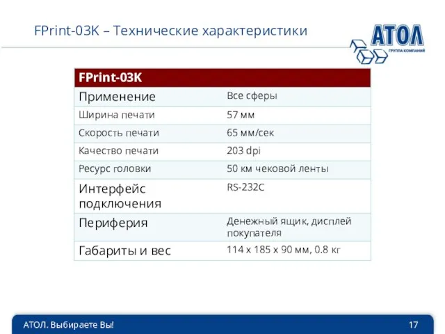 АТОЛ. Выбираете Вы! FPrint-03K – Технические характеристики