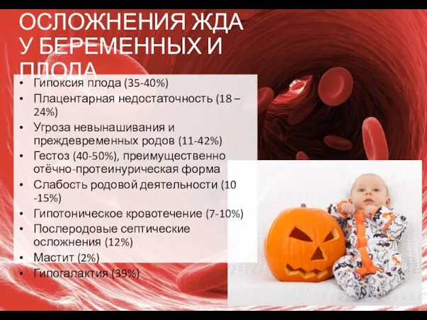 ОСЛОЖНЕНИЯ ЖДА У БЕРЕМЕННЫХ И ПЛОДА Гипоксия плода (35-40%) Плацентарная недостаточность (18