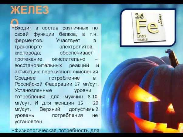 ЖЕЛЕЗО Входит в состав различных по своей функции белков, в т.ч. ферментов.