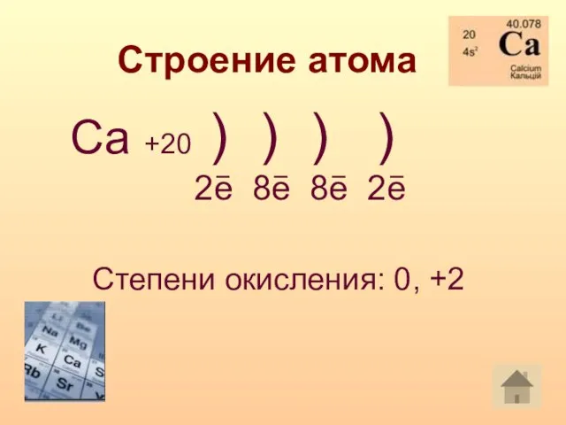 Строение атома Са +20 ) ) ) ) 2е 8е 8е 2е Степени окисления: 0, +2