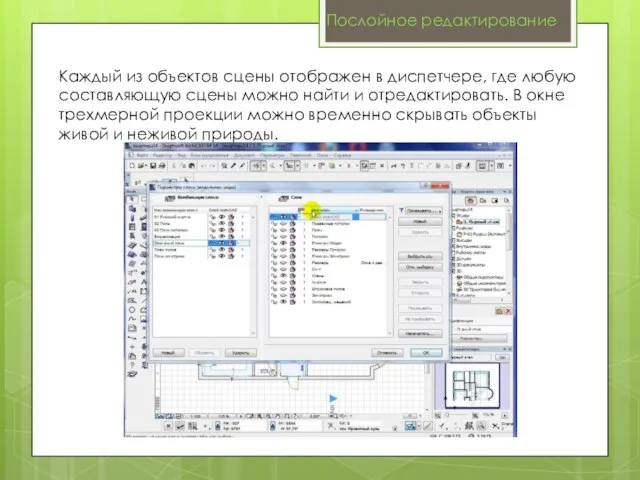 Послойное редактирование Каждый из объектов сцены отображен в диспетчере, где любую составляющую