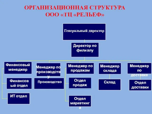 ОРГАНИЗАЦИОННАЯ СТРУКТУРА ООО «ТЦ «РЕЛЬЕФ» Директор по филиалу Финансовый менеджер Менеджер по производству Менеджер по продажам