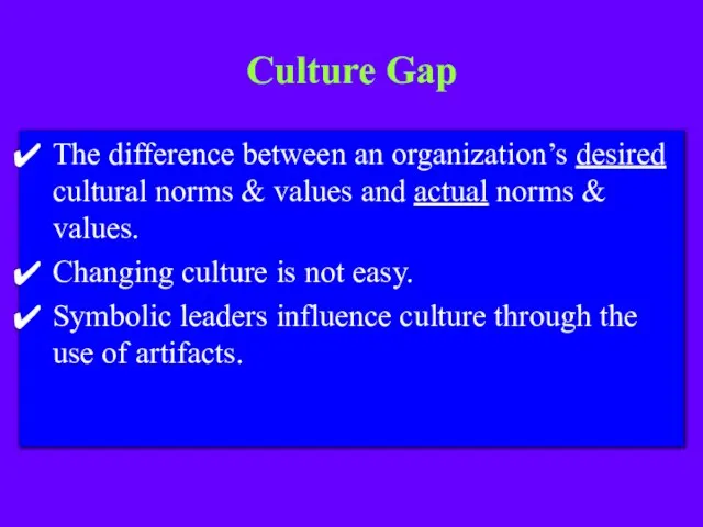 Culture Gap The difference between an organization’s desired cultural norms & values