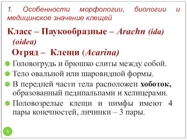 1. Особенности морфологии, биологии и медицинское значение клещей Класс – Паукообразные –