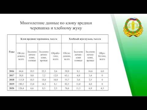 Многолетние данные по клопу вредная черепашка и хлебному жуку