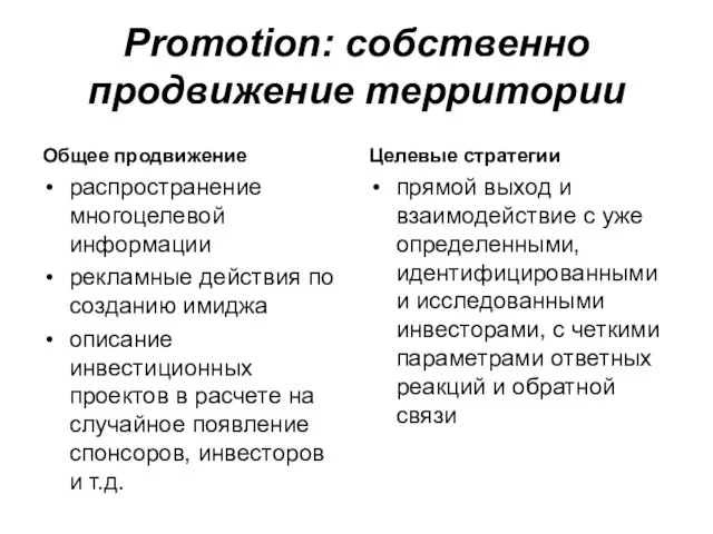 Рromotion: собственно продвижение территории Общее продвижение распространение многоцелевой информации рекламные действия по