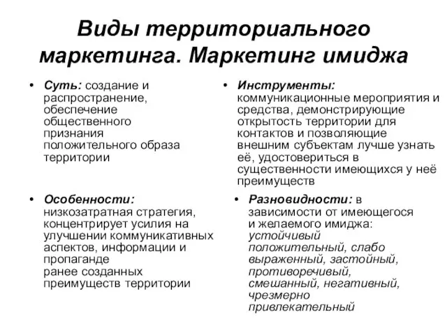 Виды территориального маркетинга. Маркетинг имиджа Суть: создание и распространение, обеспечение общественного признания