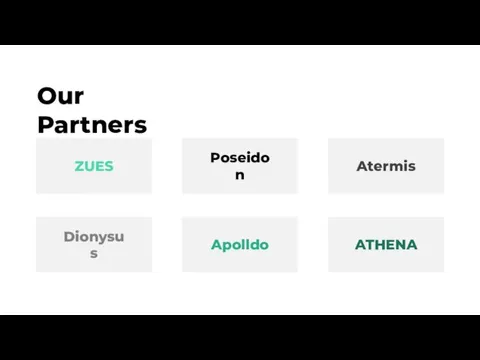 Our Partners ZUES Poseidon Atermis Dionysus Apolldo ATHENA