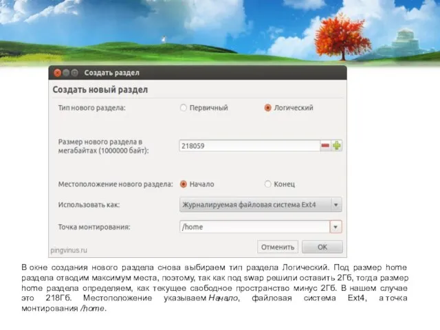 В окне создания нового раздела снова выбираем тип раздела Логический. Под размер