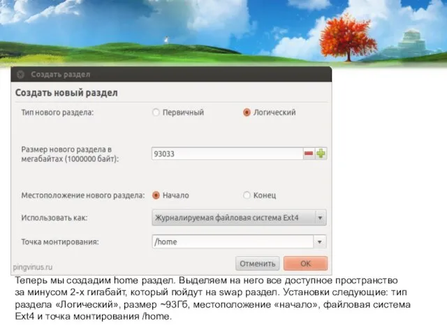 Теперь мы создадим home раздел. Выделяем на него все доступное пространство за