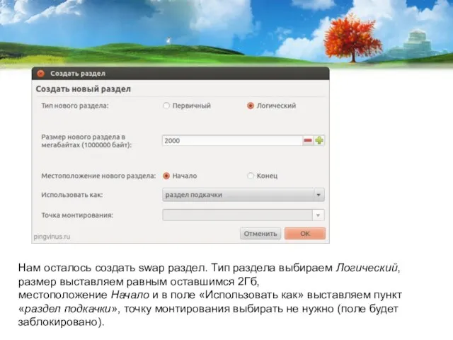 Нам осталось создать swap раздел. Тип раздела выбираем Логический, размер выставляем равным