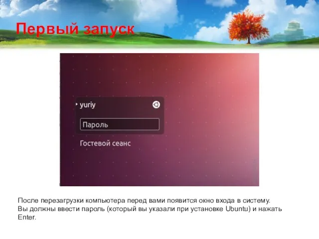 После перезагрузки компьютера перед вами появится окно входа в систему. Вы должны