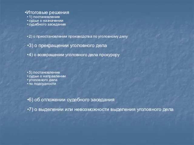 Итоговые решения 1) постановление судьи о назначении судебного заседания 2) о приостановлении