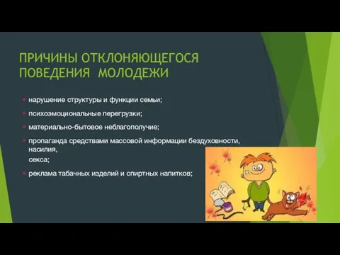 ПРИЧИНЫ ОТКЛОНЯЮЩЕГОСЯ ПОВЕДЕНИЯ МОЛОДЕЖИ нарушение структуры и функции семьи; психоэмоциональные перегрузки; материально-бытовое