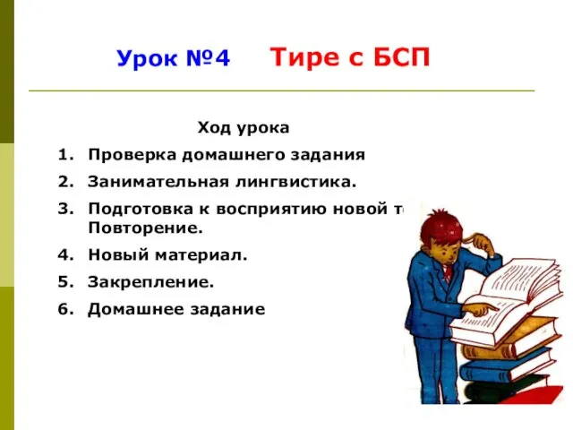 Урок №4 Тире с БСП Ход урока Проверка домашнего задания Занимательная лингвистика.