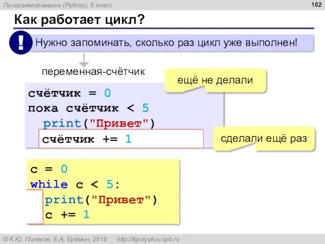 Как работает цикл? переменная-счётчик счётчик = 0 пока счётчик print("Привет") счётчик =