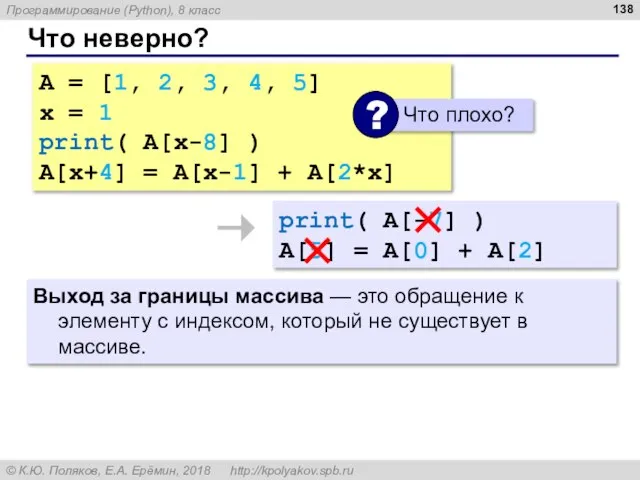 Что неверно? A = [1, 2, 3, 4, 5] x = 1