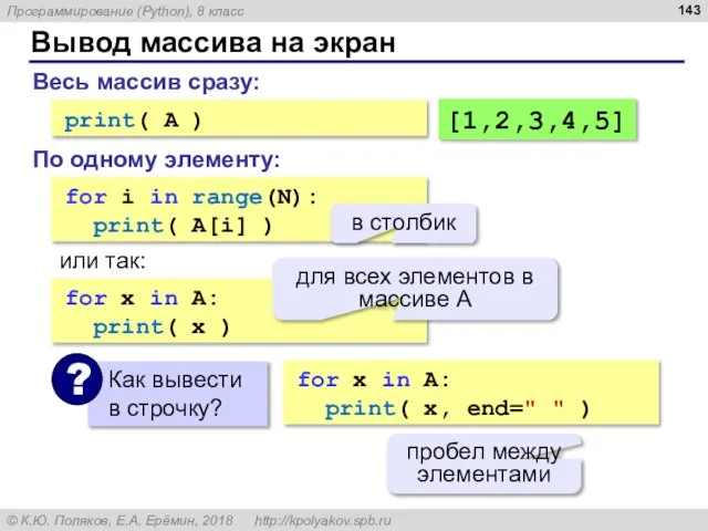 Вывод массива на экран for i in range(N): print( A[i] ) или