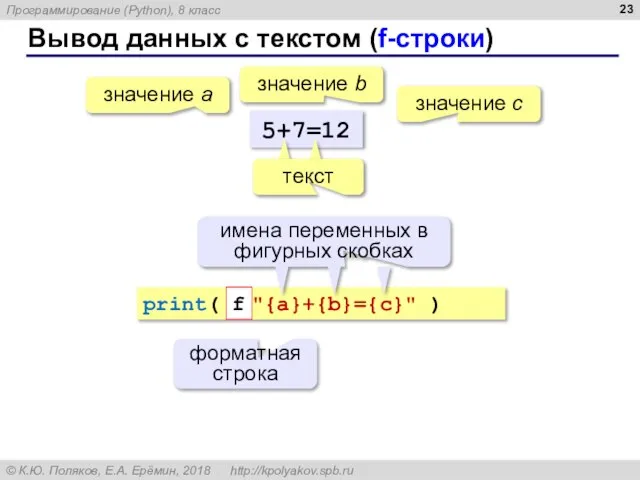 Вывод данных с текстом (f-строки) 5+7=12 значение a значение с значение b