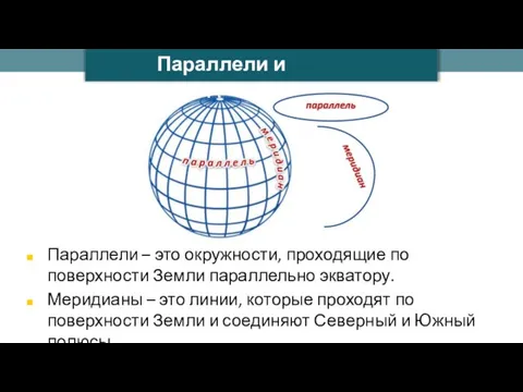 Параллели – это окружности, проходящие по поверхности Земли параллельно экватору. Меридианы –