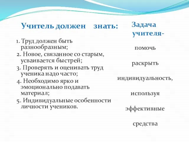 Задача учителя- помочь раскрыть индивидуальность, используя эффективные средства Учитель должен знать: 1.