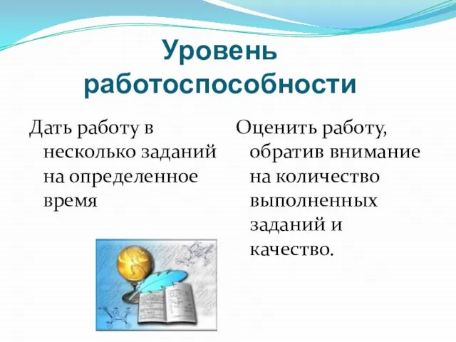 Уровень работоспособности Дать работу в несколько заданий на определенное время Оценить работу,