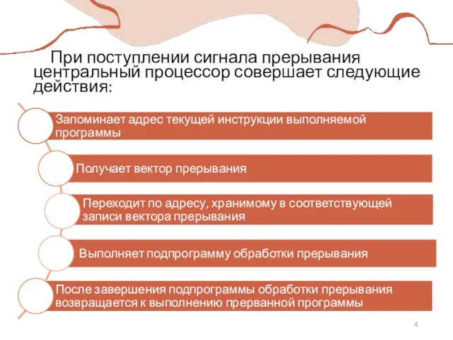 При поступлении сигнала прерывания центральный процессор совершает следующие действия: