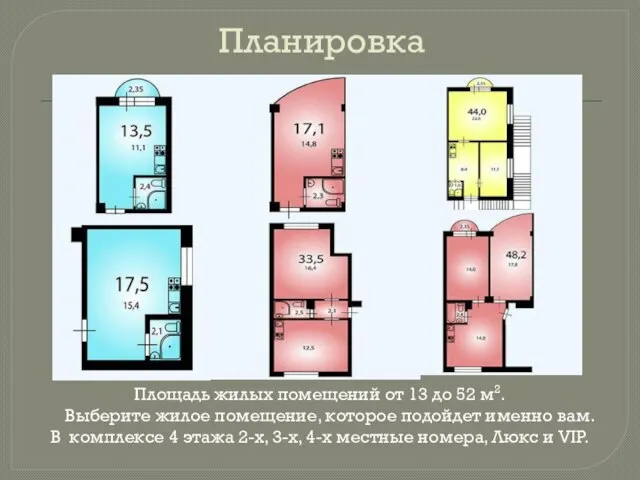 Планировка Площадь жилых помещений от 13 до 52 м2. Выберите жилое помещение,