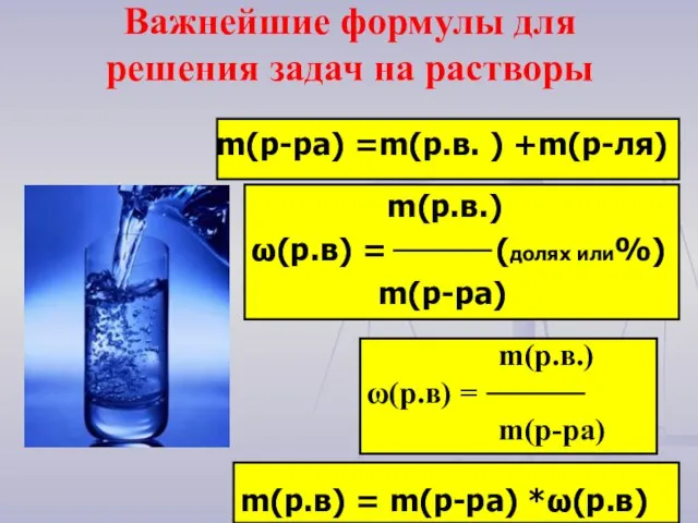 m(р-ра) =m(р.в. ) +m(р-ля) m(р.в.) ω(р.в) = (долях или%) m(р-ра) m(р.в.) ω(р.в)