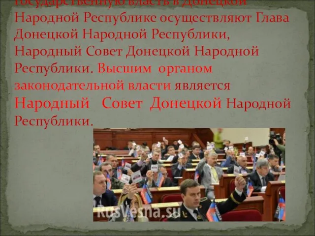 Государственную власть в Донецкой Народной Республике осуществляют Глава Донецкой Народной Республики, Народный
